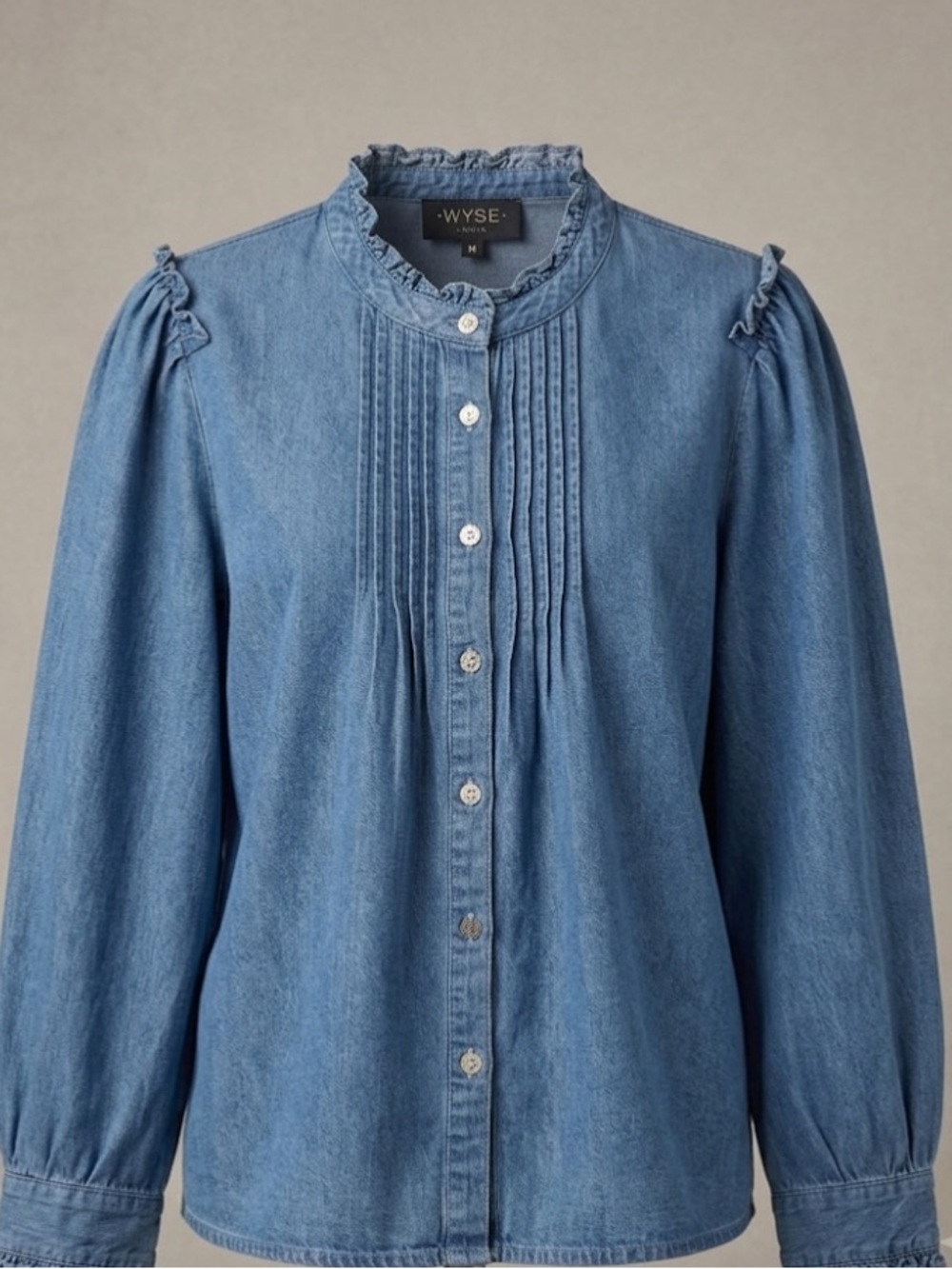 Wyse London‎ Denim Chambray Soft Frill Edge Pintuck Blouse Shirt Size S